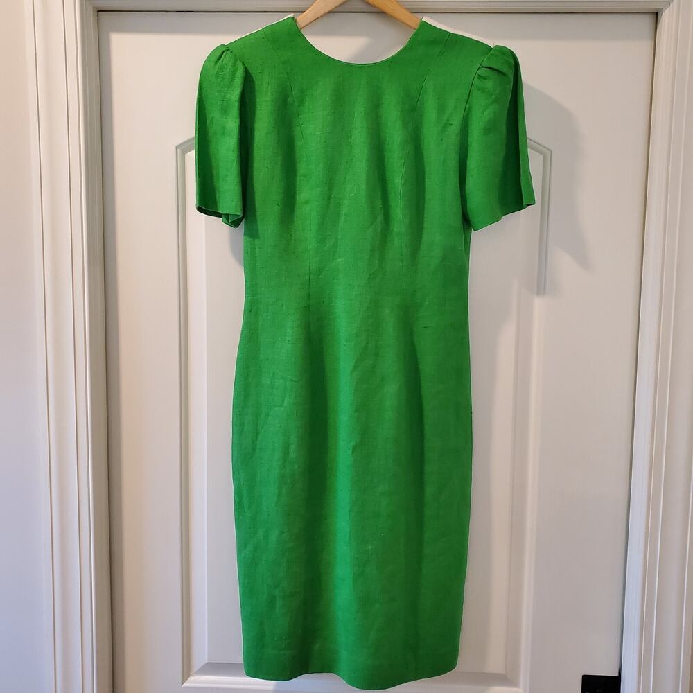 Vintage Oberon Linen Dress Sheath Green White Lined Made In USA Size 4 Small
